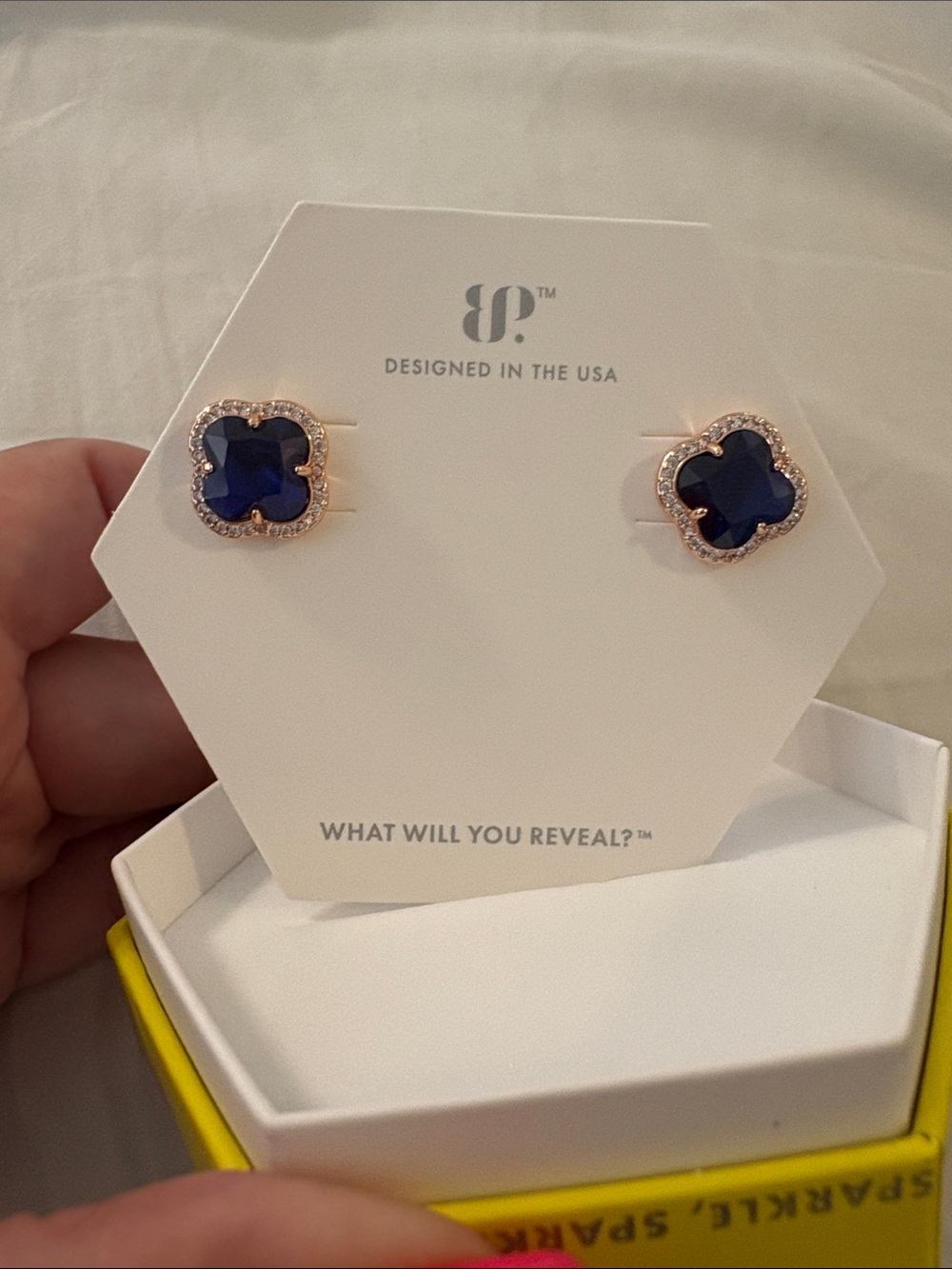 Rose Gold-Plated Clover Stud Earrings with Deep Blue Crystals